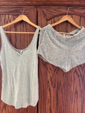 SOMA' lounge set- Soft Mint Green Knit Tank with Lace Trim, grey knit shorts